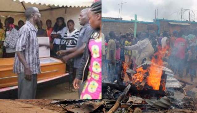 angry villagers burn coffin