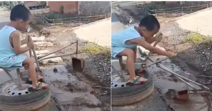 Smart Boy Operates Locally Made Excavator, Packs Dirt From Gutter - Netizens Shockingly Reacts